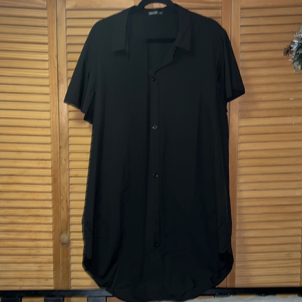 SHEIN Curve 2XL Black Laser Cut Scallop Hem Button Front Belted Dress